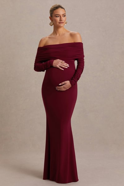 Club L London Odessa | Berry Bardot-Neck Maternity Maxi Dress