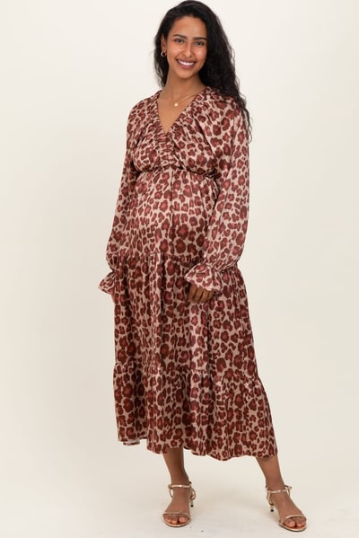 PinkBlush Taupe/Rust Satin Leopard Tiered Side Pocket Maternity Maxi Dress