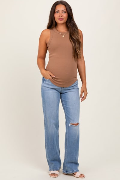 PinkBlush Light Blue Distressed Knee Slim Fit Wide Leg Maternity Jeans