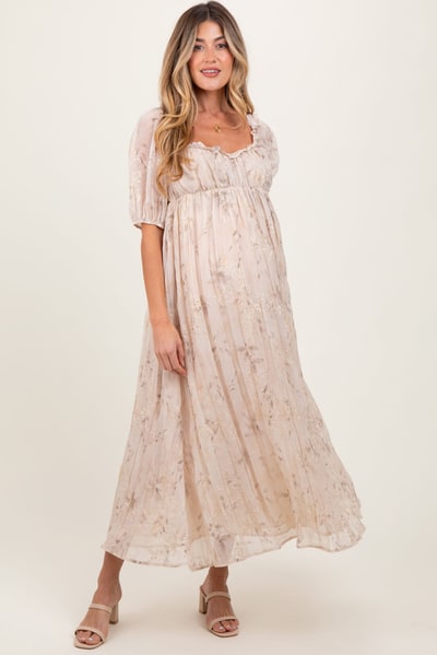 PinkBlush Cream Floral Chiffon Embroidered Ruffle Trim Maternity Maxi Dress