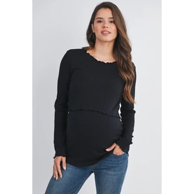 Target Hello Miz Womens Ribbed Long Sleeve Double Layer Maternity Nursing Top - Black - Medium