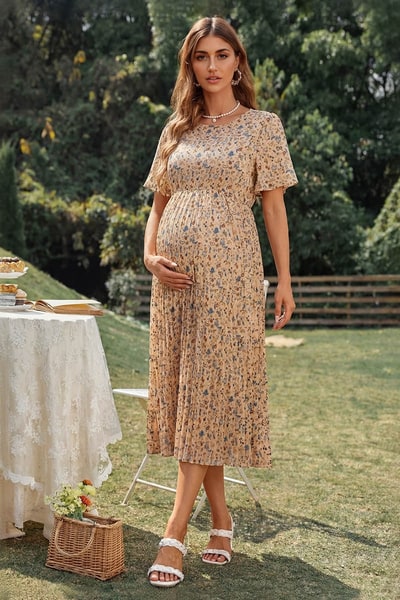 Summer Mae Pleated Floral Chiffon Maternity Midi Dress