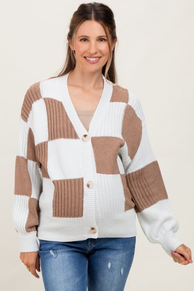 PinkBlush Mocha Checkered Rib Bubble Sleeve Button Maternity Cardigan