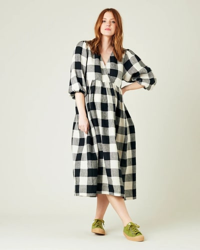 For The Creators Abbie Linen Dress - Stone Black Mega Check
