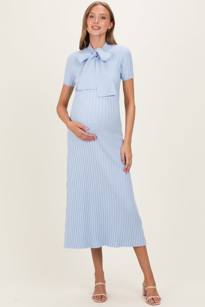 PinkBlush Sky Blue Ribbed Knit Tie Neck Maternity Midi Dress
