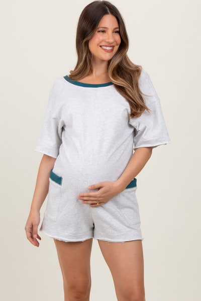 PinkBlush Heather Grey Cotton Terry Contrast Band Short Maternity Romper