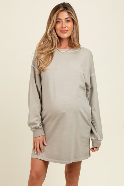 PinkBlush Beige Oversized Long Sleeve Maternity T-Shirt Dress