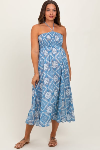 PinkBlush Blue Printed Smocked Halter Maternity Midi Dress