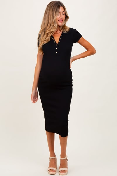 PinkBlush Black Ribbed Knit Maternity Midi Polo Dress