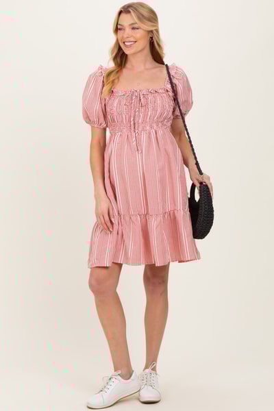 PinkBlush Red Gingham Smocked Ruffled Puff Sleeve Maternity Dress