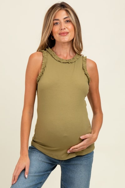 PinkBlush Light Olive Rib Knit Ruffle Trim Sleeveless Maternity Top