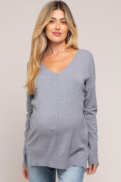 PinkBlush Heather Grey Long Sleeve Side Slit Maternity Sweater