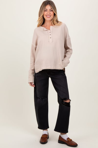 PinkBlush Black Distressed Open Knee Cropped Maternity Barrel Jeans