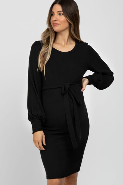 PinkBlush Black Soft Brushed Waist Tie Bubble Sleeve Maternity Dress