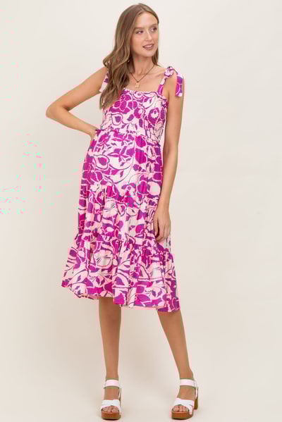 PinkBlush Fuchsia Bloom Floral Print Tie Strap Smocked Tiered Maternity Dress
