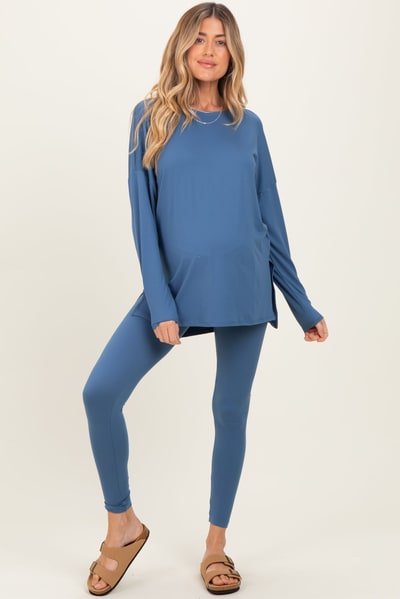 PinkBlush Dusty Blue Brushed Knit Maternity Oversized Top and Legging Set