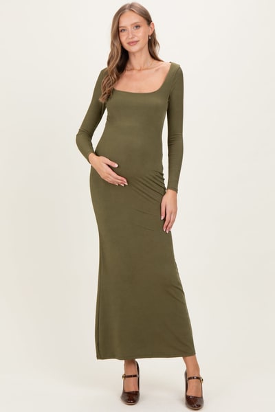 PinkBlush Olive Square Neck Long Sleeve Maternity Maxi Dress