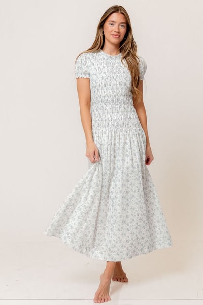 Worth Collective Orchard 100% Cotton Smocked Maxi Dress in Blue - Bump Friendly