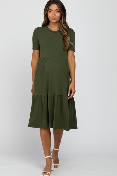 PinkBlush Olive Ribbed Tiered Maternity Dress