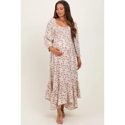 Target Pinkblush Ivory Floral Smocked Handkerchief Hem Maternity Maxi Dress Large