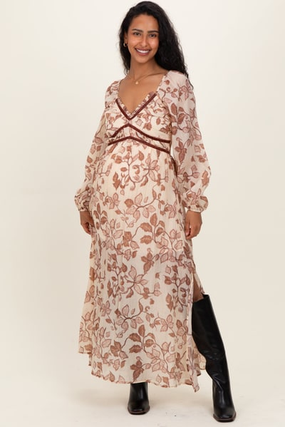 PinkBlush Cream Floral V-Neck Velvet Trim Maternity Maxi Dress