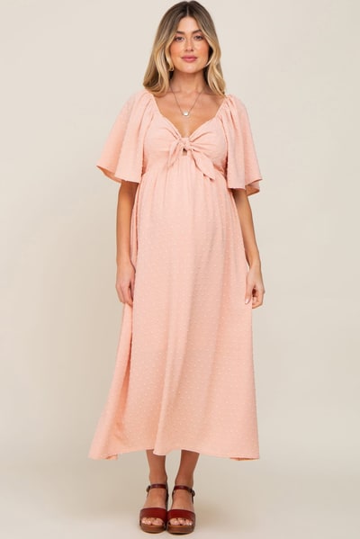 PinkBlush Peach Textured Dot Front Tie Ruffle Sleeve Maternity Midi Dress