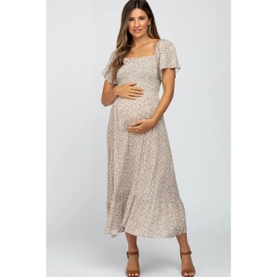 Target Pinkblush Ivory Floral Smocked Maternity Maxi Dress Medium
