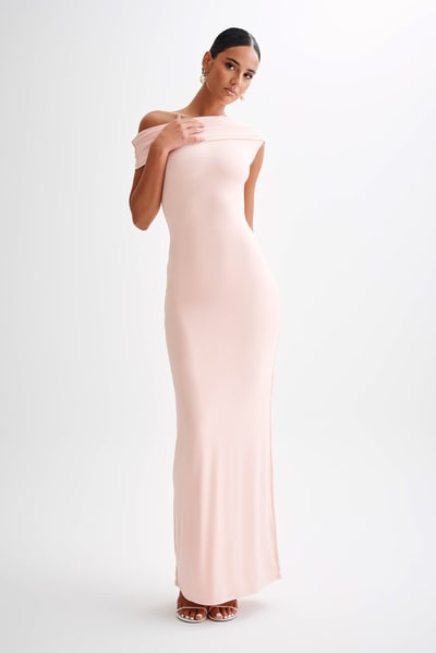 MESHKI Cassandra Off Shoulder Slinky Maxi Dress - Pale Pink