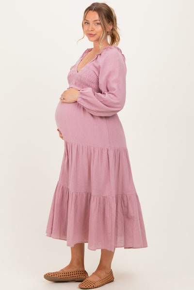 PinkBlush Dusty Rose Smocked Long Sleeve Maternity Midi Dress