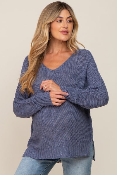 PinkBlush Blue Chunky Knit Side Slit Maternity Sweater