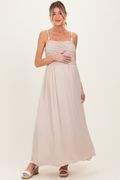 PinkBlush Beige Textured Smocked Maternity Maxi Dress