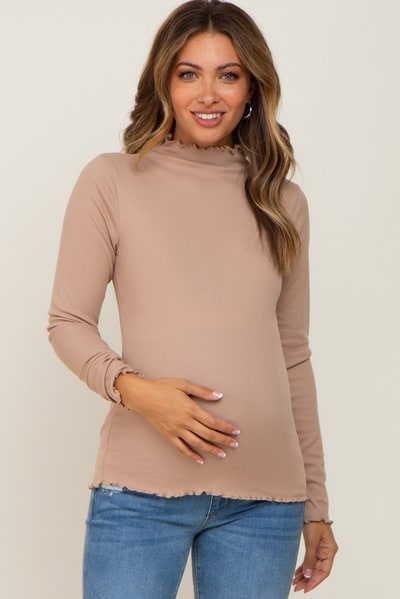 PinkBlush Taupe Ribbed Mock Neck Lettuce Trim Maternity Long Sleeve Top