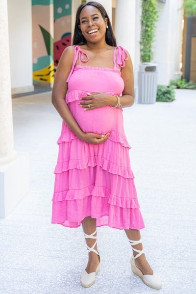 PinkBlush Fuchsia Ruffle Tiered Maternity Midi Dress