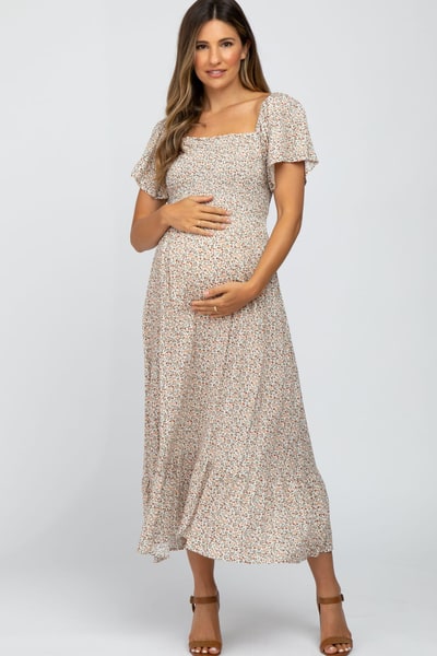PinkBlush Ivory Floral Smocked Maternity Maxi Dress