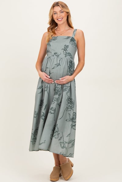 PinkBlush Light Olive Floral Sleeveless Maternity Midi Dress
