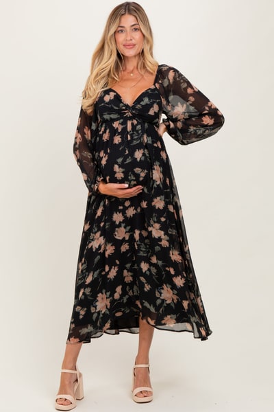 PinkBlush Black/Peach Floral Knotted Bust Chiffon Maternity Midi Dress