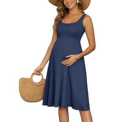 Target INSPIRE CHIC Women's Maternity Dresses A-Line Sleeveless Summer Sundress Flare Tank Dress with Pockets Small Blue