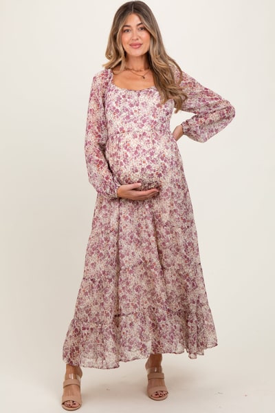 PinkBlush Mauve Floral Floral Chiffon Maternity Maxi Dress