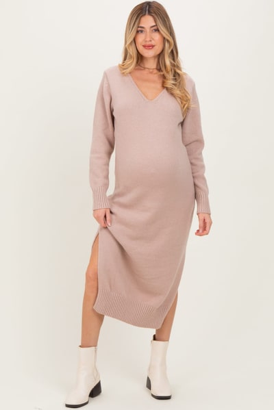 PinkBlush Taupe V-Neck Relaxed Fit Maternity Sweater Dress