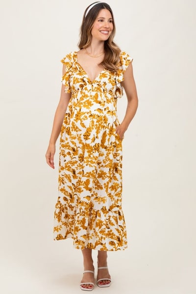 PinkBlush Yellow Floral V-Neck Flutter Sleeve Maternity Midi Dress