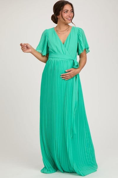 PinkBlush Aqua Chiffon Wrap Front V-Neck Short Sleeve Pleated Maternity Maxi Dress
