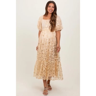 Target Pinkblush Cream Embroidered Sequin Detail Mesh Overlay Maternity Maxi Dress Small