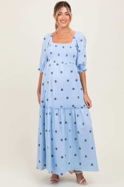 PinkBlush Light Blue Floral Smocked Puff Sleeve Maternity Maxi Dress