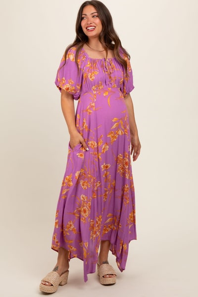 PinkBlush Lavender Floral Puff Sleeve Maternity Maxi Dress