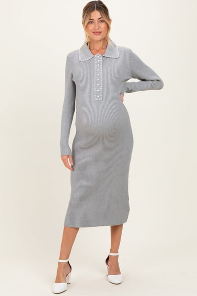 PinkBlush Heather Grey Contrast Stitch Maternity Midi Sweater Dress