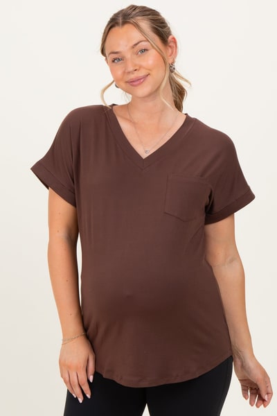 PinkBlush Brown V-Neck Pocket Short Sleeve Maternity Shirt