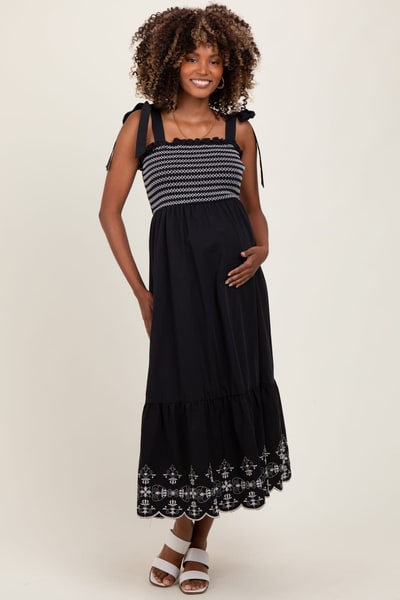 PinkBlush Black Smocked Embroidered Shoulder Tie Maternity Midi Dress
