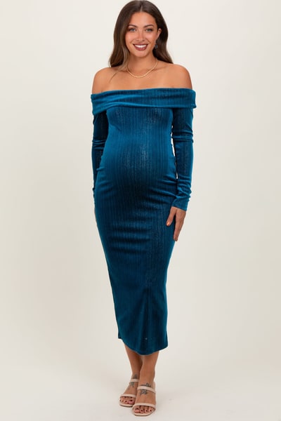 PinkBlush Teal Shiny Velour Off Shoulder Maternity Midi Dress