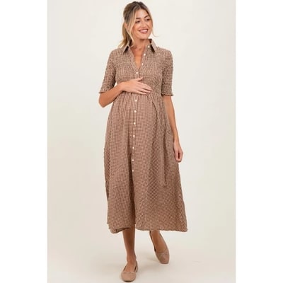 Target Pinkblush Mocha Gingham Smocked Button Down Maternity Midi Dress Small