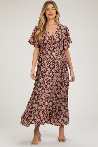 PinkBlush Brown Floral Smocked Waist Maternity Maxi Dress